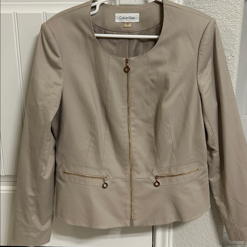 Calvin Klein Taupe gold Zip-Front Suit Jacket logo size 16 - Picture 2 of 8